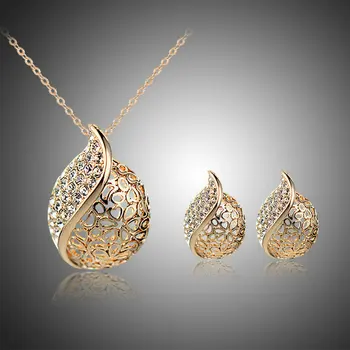 Móda Nové Zlaté Vyplnené Jasné Rakúskeho Kryštálu Kvapka Vody Leaf Náhrdelníky Náušnice Reťazca Šperky Sady Pre Ženy