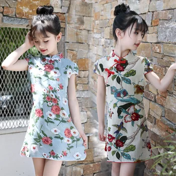 6 - 16 rokov, baby girl kvetinový qipao šaty jednoduché, čína Cheongsam 2019 nové deti tradičné dávnych ľudových krojoch letné oblečenie