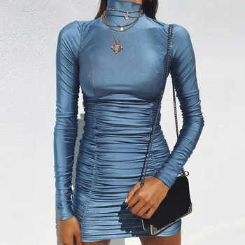 Modrá Sexy Dlhý Rukáv Bodycon Šaty Žien Turtleneck Skladaný Mini Elegantné Party Šaty Vestidos 2019 Jar, Jeseň