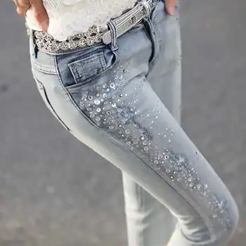 Lady šperky diamond, vyšívané ulici džínsové nohavice ženy svetlo modrá halloween sa diera džínsy punk móda členok legíny
