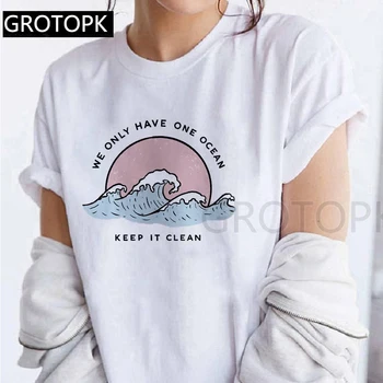 Módne Jednoduché Dámske Tričko Máme Len Jeden Ocean Udržať Čisté Farebné tričká Ženské Oblečenie Krátkym Rukávom White Tee Tričko