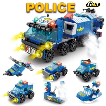 6in1 Mesto Policajné Auto hasičské Fighter Truck Model Bloky Vzdelávacie Stavebné Tehly Hračky Pre dieťa Vianočný Darček