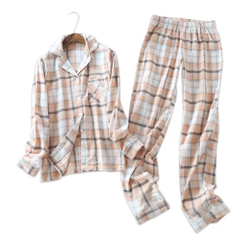 Plus veľkosť kartáčovaný bavlna dámske pyžamo sady Jar bežné koberčeky dlhým rukávom sleepwear ženy pijamas