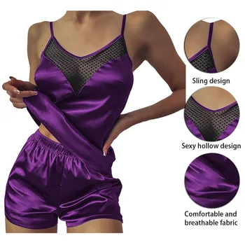 Ženy Nastaviť 2021 Lete Sleepwear Sexy Pajama Nastaviť Pevný Nastaviteľný Popruh Cami Top Šortky Saténové Pyžamo Voľné Ženský Odev Oblek