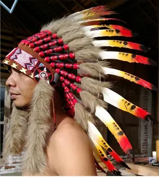 North American Indian klobúk Pierko headdress Cacique čiapky Mužov pokrývku hlavy Natívne