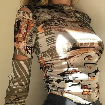 Nibber jeseň skladaný vystrihnite Otvor žena tričko Gotický street fashion obrázok orezať topy bežné Základné tees žena Predaj nových