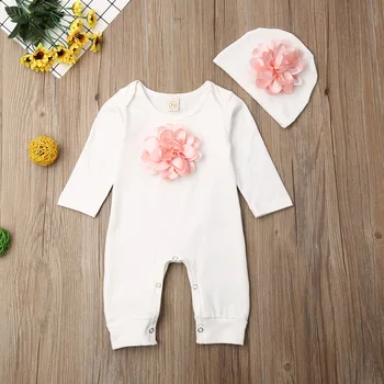 Novorodenca Oblečenie Baby Girls Long Sleeve Dieťa Remienky Ružová Kvetinová Jumpsuit Baby Kombinézu Batoľa Klobúk Dievčatká Súpravy Oblečenie 2020
