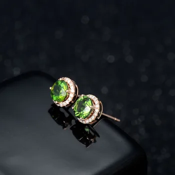 Prírodné Emerald Drahokam Stud Náušnice Pre Ženy, 14 karátové ružové Zlato Zelený Turmalín AAA Zirkón Diamond Náušnice Svadobné Jemné Šperky