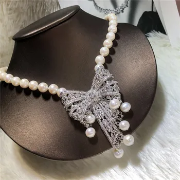 Ručne viazané 9-10 mm biele prírodné sladkovodné perly bowknot micro vložkou zirkón náhrdelník módne šperky