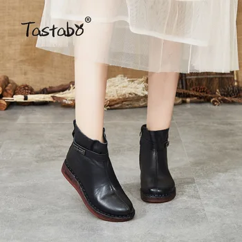 Tastabo Originálne Kožené dámske členkové topánky vintage štýl, Hnedá Čierna S3099 Pohodlné mäkké dno Nízkom podpätku topánky dámske