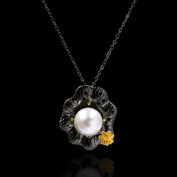 Nádherné Kvetinové Sladkovodné Perly Prívesok Náhrdelník Divoké Čierne Zlato 925 Silver Dámske Šperky Sveter Reťazca Hostiny, Šperky