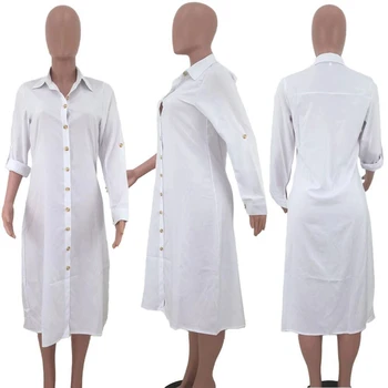Dlho Plus Veľkosť Tričko Šaty Žien Jeseň Dlhý Rukáv Biele Tričko Šaty Tlačidlo Nadol Streetwear Bežné Kancelárske Tričko Šaty Vestidos