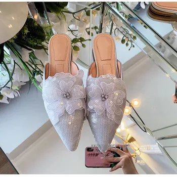 Poukázal papuče lenivý papuče flitrami crystal kvety decor 2020 letné topánky ploché päty mullers vonkajšie elegantné trblietavé mokasíny