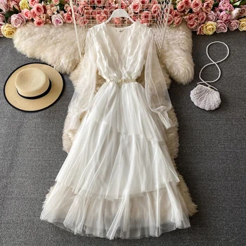 Mladá Holka biele čipky šaty žien sladké oka dlhé rukávy tvaru kvetované pink elegantné nepravidelný multilayers šaty korálkové pásu