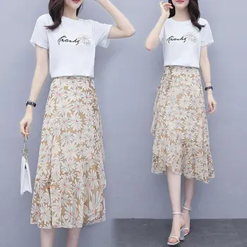 2020 Lete kórejský Fashion T-shirt Sukne Nastaviť Ženy Elegantný Tlač Šaty Dievčatá Študentov Bežné Sladké Oblečenie Veľkoobchod