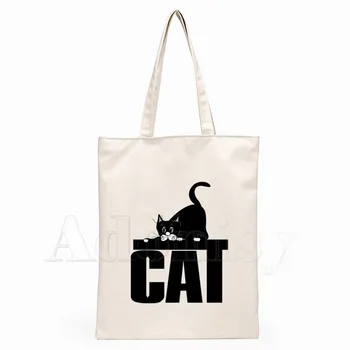 Black Cat Graphic Cartoon Vytlačené Plátno Taška cez Rameno Žena Harajuku Zábavné Veľká-kapacita Eco Životného prostredia Shopper Taška