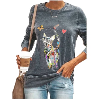 Roztomilé Mačka Tlače Bežné Ženy T-shirt Long Sleeve Plus Veľkosť Jeseň Nové Kreslené Tričká dámske 3XL 4XL 5XL Modré, Čierne Košele Femme