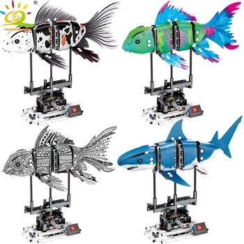 DIY Techniku, Morský Živočích Koi Fish Model Stavebné Bloky HUIQIBAO 4 Ks Garáž Deti, Vzdelávacie Hračky Tehál Darček
