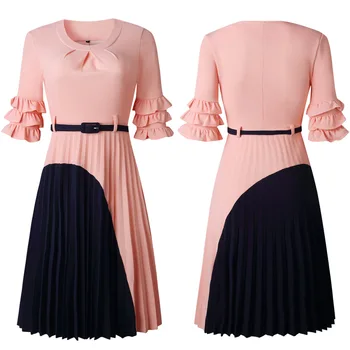 Ženy, Leto, Jeseň Office Šaty 2019 Lady O-Neck Fashion Bežné Midi Šaty Elegantné Roztomilý Žena Ružová Skladaný Šaty Vestidos