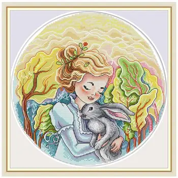 Dievča a králik cartoon počíta 11CT 14CT Cross Stitch DIY Sady Čínsky Cross-stitch Súpravy Výšivky, Výšivky Domova