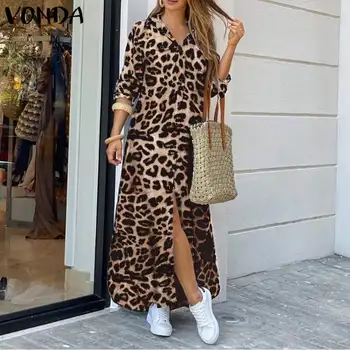 VONDA 2021 Ženy Šaty, Sexy Zase Dole Krk Dlhý Rukáv Strany Maxi Šaty Femme Vintage Leopard Tlač Split Lem Šaty Plus Veľkosť