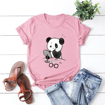Kawaii Zábavné Panda Tlač Ženy Bavlnené Tričko Krátky Rukáv T-Shirt Žena Bežné Topy Tee Zábavné Tričká Streetwear