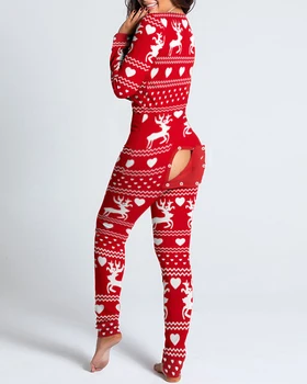 Ženy Vianočné Výrez Funkčné Buttoned Klapka Dospelých Pyžamo Klub Tlačidlo Dizajn Ponoriť Salónik Jumpsuit