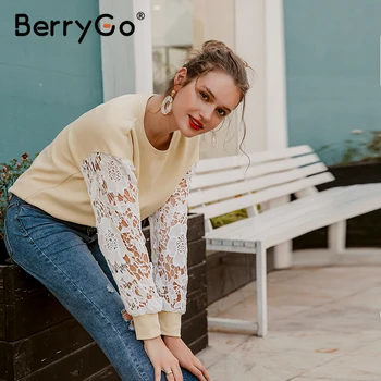 BerryGo Bežné kolo krku ženy, blúzky, košele Sexy čipka dámy bavlna boluse Módne kvetinový vzor, duté z tričko s dlhým rukávom