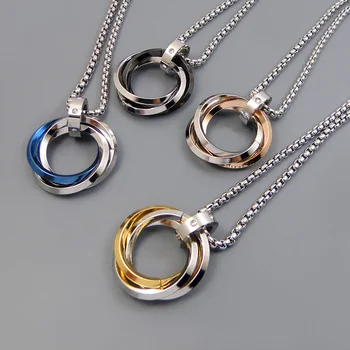Geometrické náhrdelník mužov spriahnuté kruhu prívesok náhrdelník hip hop šperky dlhú reťaz z nerezovej ocele tri kruhu Rose gold
