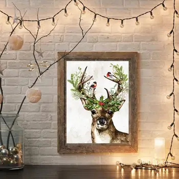 Vianočné Dovolenku Dekorácie Plagát Lesné Zviera Jeleň Tlač Zimné Holly Bobule Wall Art Plátno, Maľovanie Na Statku Art Decor