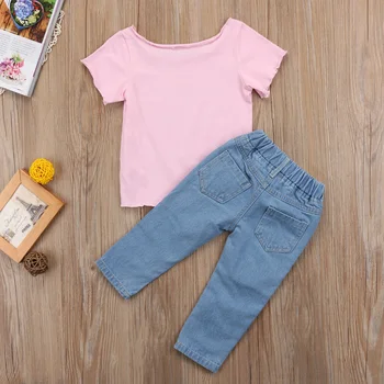 Deti Baby Girl Bavlnené tričká Topy+ Otvoru Oka Džínsy, Nohavice 2 ks Oblečenia Nastaviť Oblečenie