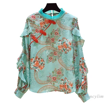 2021 Jar Jeseň Nový Vintage Doska Tlačidlá Rozstrapatené Šifón Tričko dámske Kvetinové Tričko Dlhý Rukáv Blusa Mujer