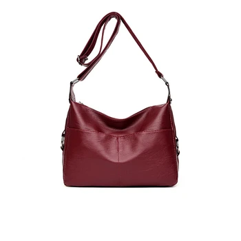 2021 Nový bežné dámy Messenger taška PU koža mäkká taška taška cez rameno jednoduché módne čierne a červené víno, kabelka