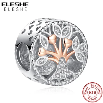 ELESHE 925 Sterling Silver Kúzlo Rose Gold S Rodinou Strom Perlivé Guľôčky Fit Pôvodné Kúzlo Náramok Pre Ženy Darček Šperky