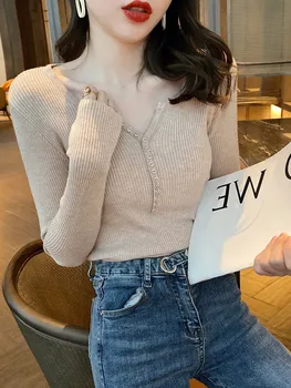 Dámske pletené sveter tvaru pulóvre pre ženy Bavlna Pevné dlhý rukáv top ženy kórejský sveter Základné Biely Sveter