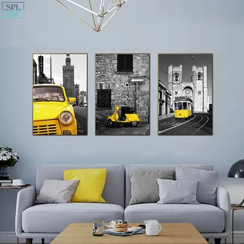 SPLSPL Nordic Retro Plátno na Maľovanie A4 Yellow City Wall Art Taxi Motorových Umenia, Tlače, Plagát, Abstraktné Minimalistický Obrázok detská Izba