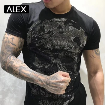 Alex Plein T shirt mužov lete príčinné bavlna lebky drahokamu streetwear krátky rukáv hiphop kolo krku mužov odevy móda nové