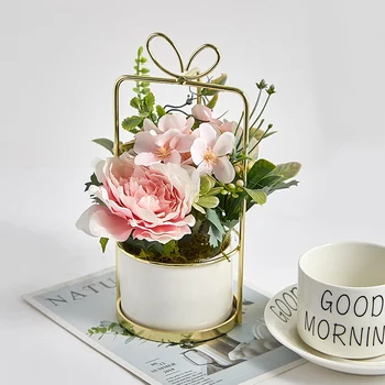 Nordic Štýl Keramické kvetináče Váza Železa Displeja Modul Simulácie Zelené Rastliny, Umelé kvetiny Zmes Domáce Dekorácie
