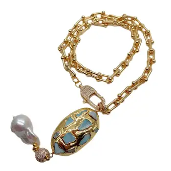 Zlatá farba Á Reťazca vyhlásenie Náhrdelník prírodné Modré Larimar Sladkovodné Biela Keshi Perlový náhrdelník Prívesok pre ženy