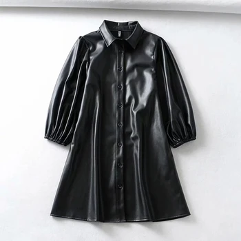 2020 Jeseň Ženy Čierne Sexy Faux Kožené Tričko Mini Šaty Pevné Svietidlo Rukáv A-Line Elegantné Party Šaty Dámske Vestidos