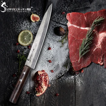 SOWOLL Laser Damasku Kuchár Nôž z Nehrdzavejúcej Ocele Sashimi Kuchynský Nôž Japonský Losos Sushi Nôž Surového Rybieho Filé Vrstvy Nôž
