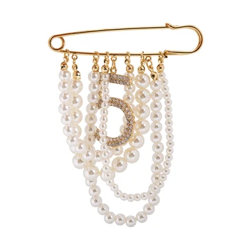 Očarujúce číslo 5 pearl ženy brošne lesklé drahokamu strapec prívesok pin brošňa