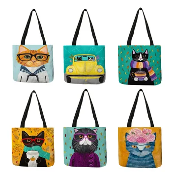 Nový Príchod Ženské Kabelky Cartoon Manlike Pet Mačka Tlače Tašky Eco Bielizeň Veľké Prenosné Nakupovanie, Cestovanie Opakovane Tote Bag