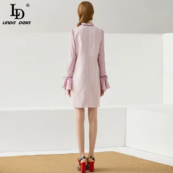 LD LINDA DELLA 2020 Jeseň Nové Ružové Tweed Krátke Šaty Návrhára Žena nádherný vyšívané Lištovanie Koberčeky Slim ročník Mini Šaty