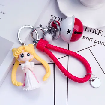 Kawaii Cartoon Sailor Moon Obrázok Taška Prívesok Keychains Ženy Dievča Anime Keyring Kožené Lano Kľúča Držiteľa Šperky Prívesok Na Darček