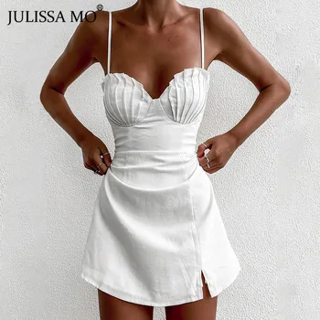 Julissa Mo Hrudníka Skladaný Backless A-line Letné Šaty 2021 bez Rukávov tvaru Sexy Party Šaty Elegantné Módne Biele Vestidos