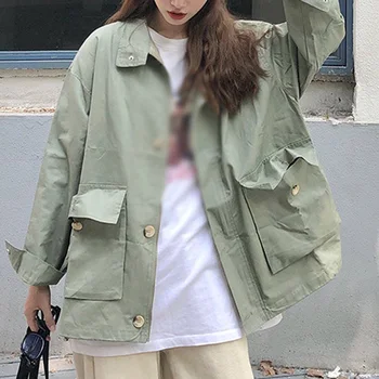 Bavlna Kórejskej Ženy Safari Štýl Bundy Kabát Na Jeseň Batwing Rukáv Vrecká, Bunda Žena 2020 Vintage Voľné Khaki Lady Coats