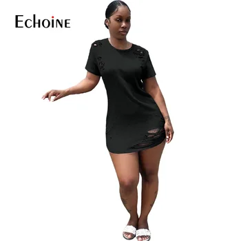 Echoine 2020 Lete Pevné Ženy Sexy Otvor Krátky Rukáv O-neck Tee Mini Šaty Bežné Streetwear Módy T-shirt Šaty Vestidos