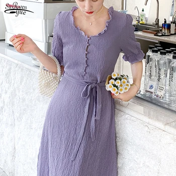 Šaty Žien 2021 Pevné Linky v Lete Stredná-Dĺžka Šaty Purple Vestidos Vintage Lístkového Krátky Rukáv Midi Šaty Žien 9828