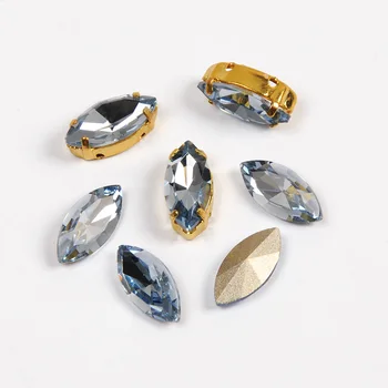 Light Sapphire Crystal Navette Šiť Na Drahokamu Striebra, Zlata S Kovovým Rámom Ozdobný Kameň S Otvormi pre Šperky, Oblečenie
